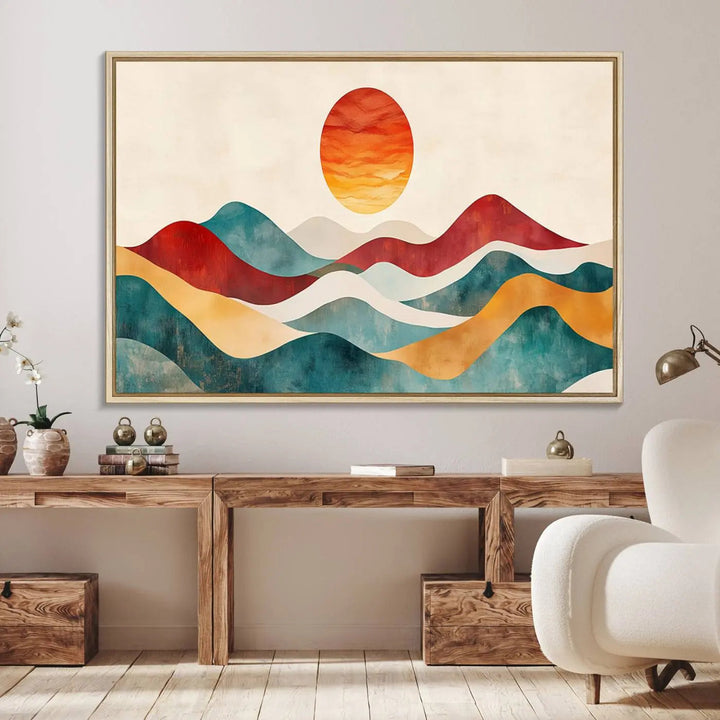 The Southwest Mountain Canvas Triptych hangs prominently.