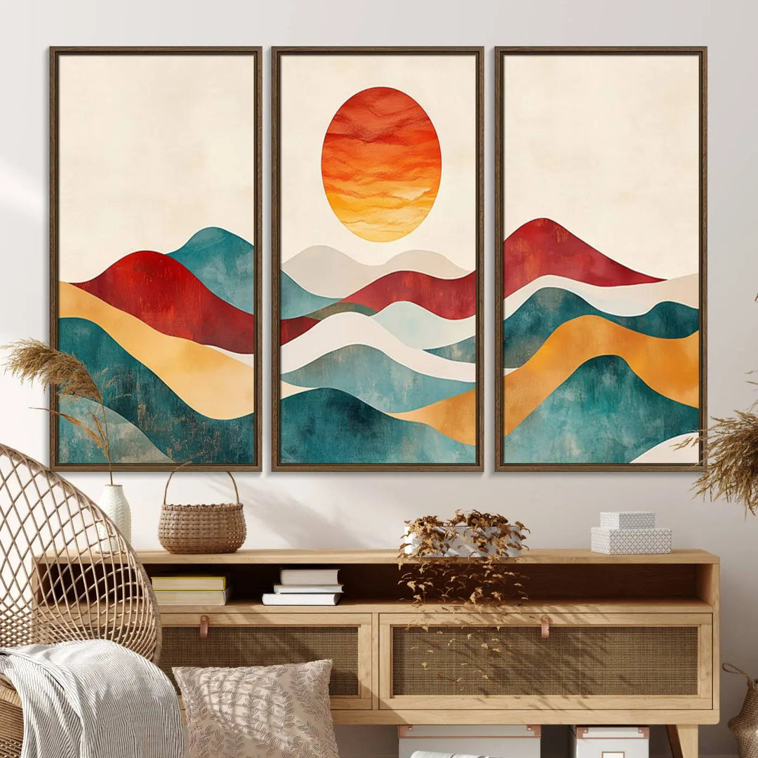 The Southwest Mountain Canvas Triptych hangs prominently.