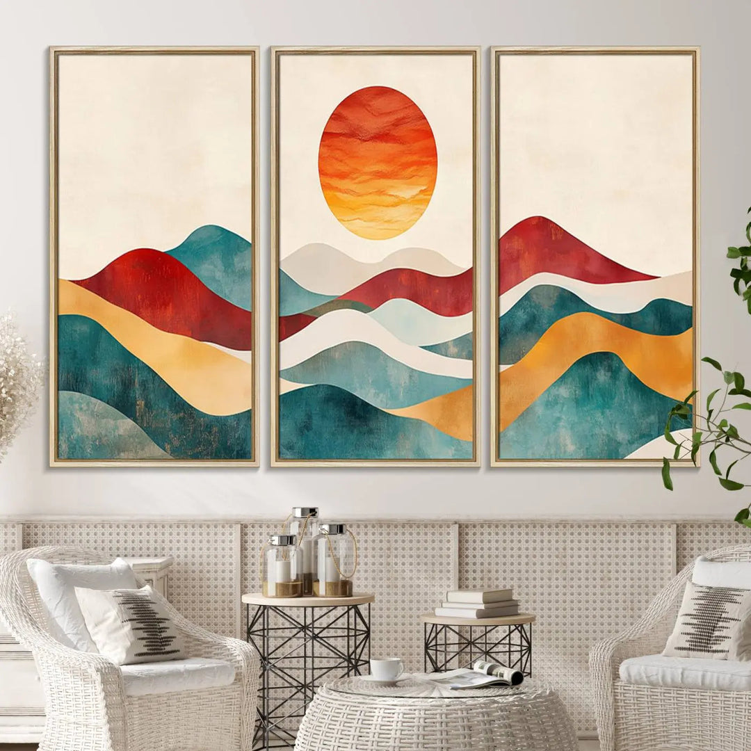 The Southwest Mountain Canvas Triptych hangs prominently.