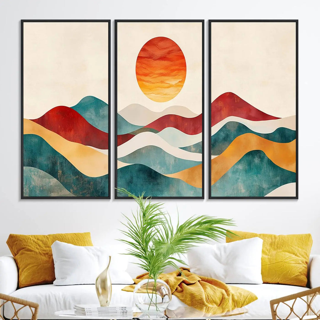 The Southwest Mountain Canvas Triptych hangs prominently.