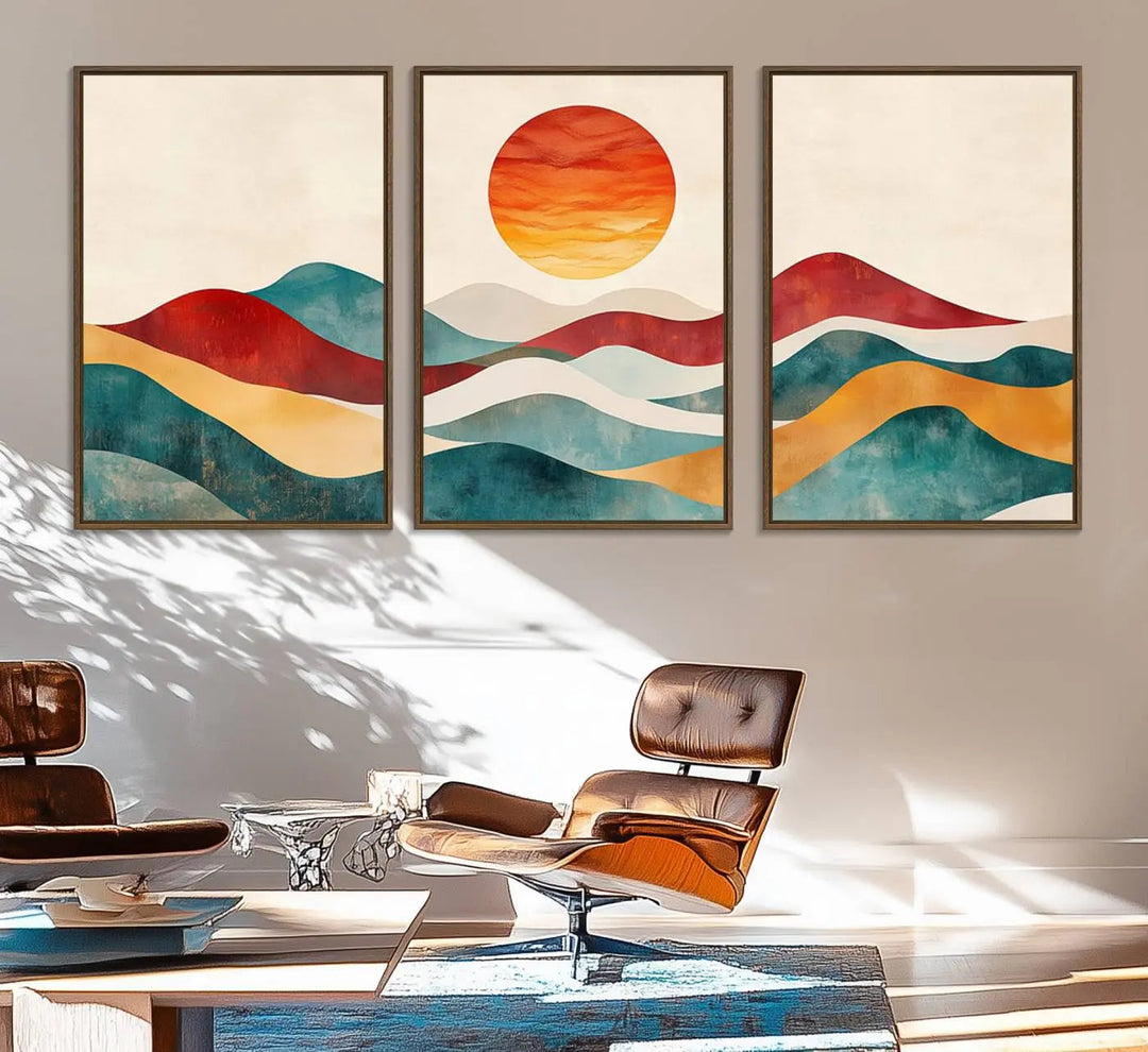 The Southwest Mountain Canvas Triptych hangs prominently.