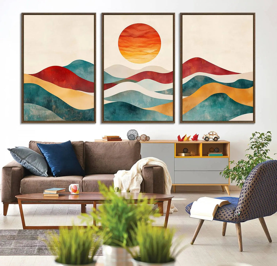 The Southwest Mountain Canvas Triptych hangs prominently.