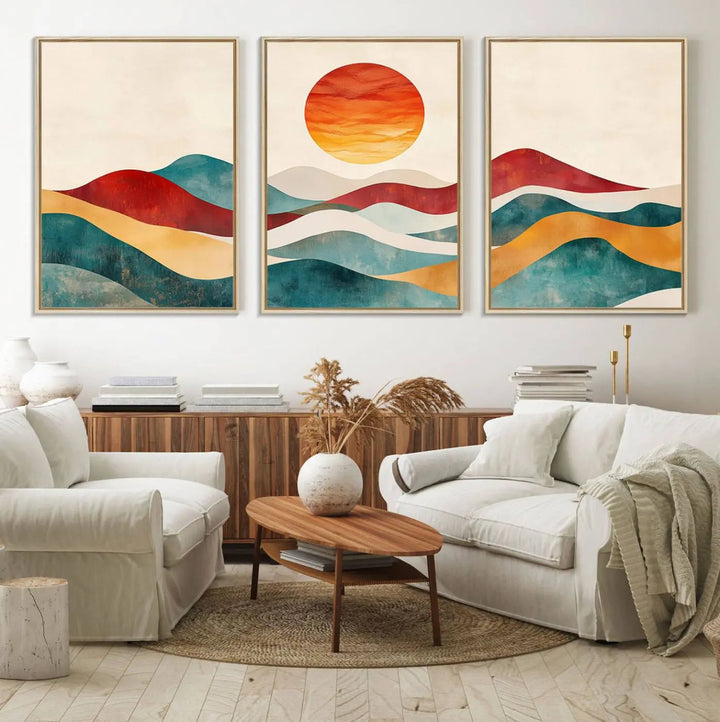 The Southwest Mountain Canvas Triptych hangs prominently.