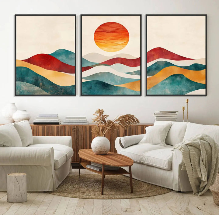 The Southwest Mountain Canvas Triptych hangs prominently.