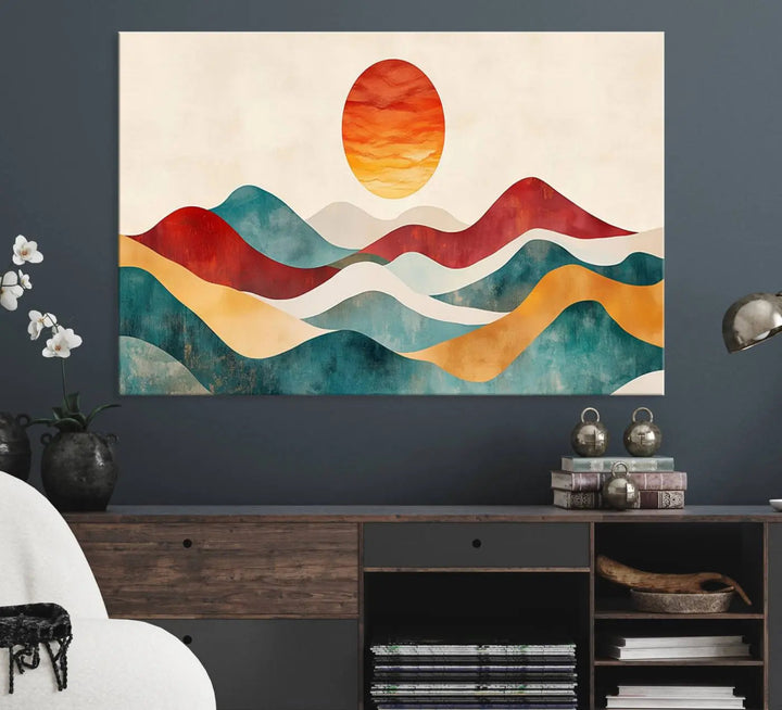 The Southwest Mountain Canvas Triptych hangs prominently.