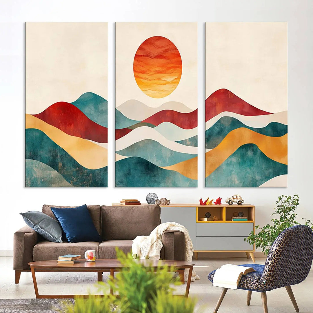 The Southwest Mountain Canvas Triptych hangs prominently.