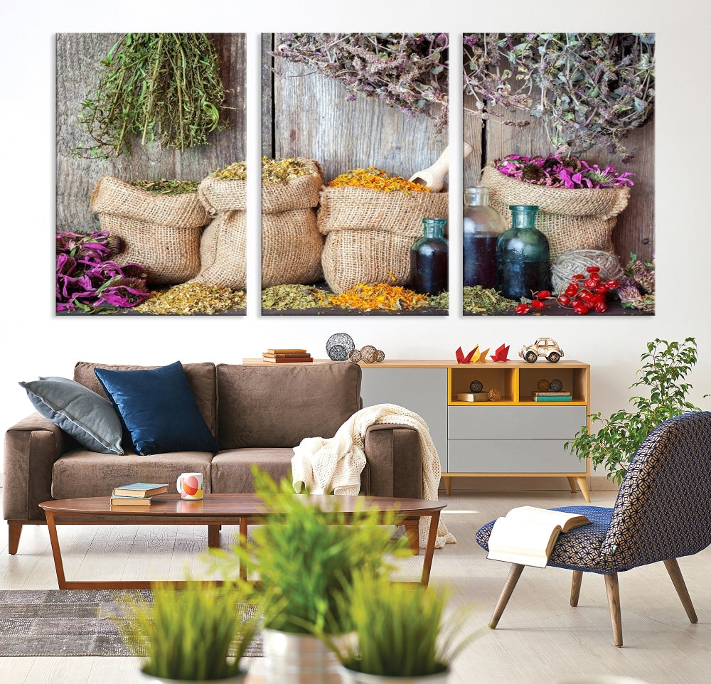 Enhance your dining area with the Spices and Herbs Canvas Wall Art Farmhouse Rustic Kitchen Wall Decor. This triptych features herbs, sacks, and bottles against a rustic wooden backdrop, crafted on museum-quality canvas with a UV-protective coating to ensure lasting beauty. Enjoy complimentary shipping on this exquisite piece.