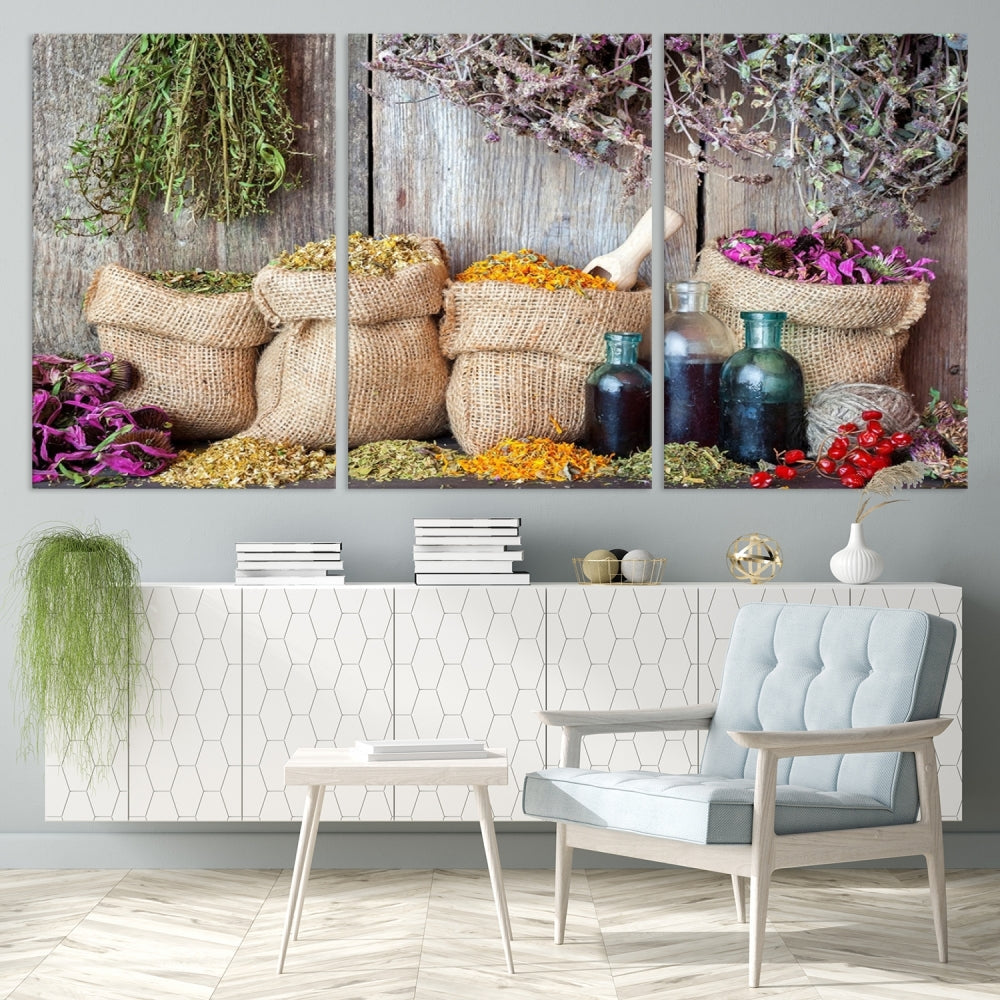 Enhance your dining area with the Spices and Herbs Canvas Wall Art Farmhouse Rustic Kitchen Wall Decor. This triptych features herbs, sacks, and bottles against a rustic wooden backdrop, crafted on museum-quality canvas with a UV-protective coating to ensure lasting beauty. Enjoy complimentary shipping on this exquisite piece.