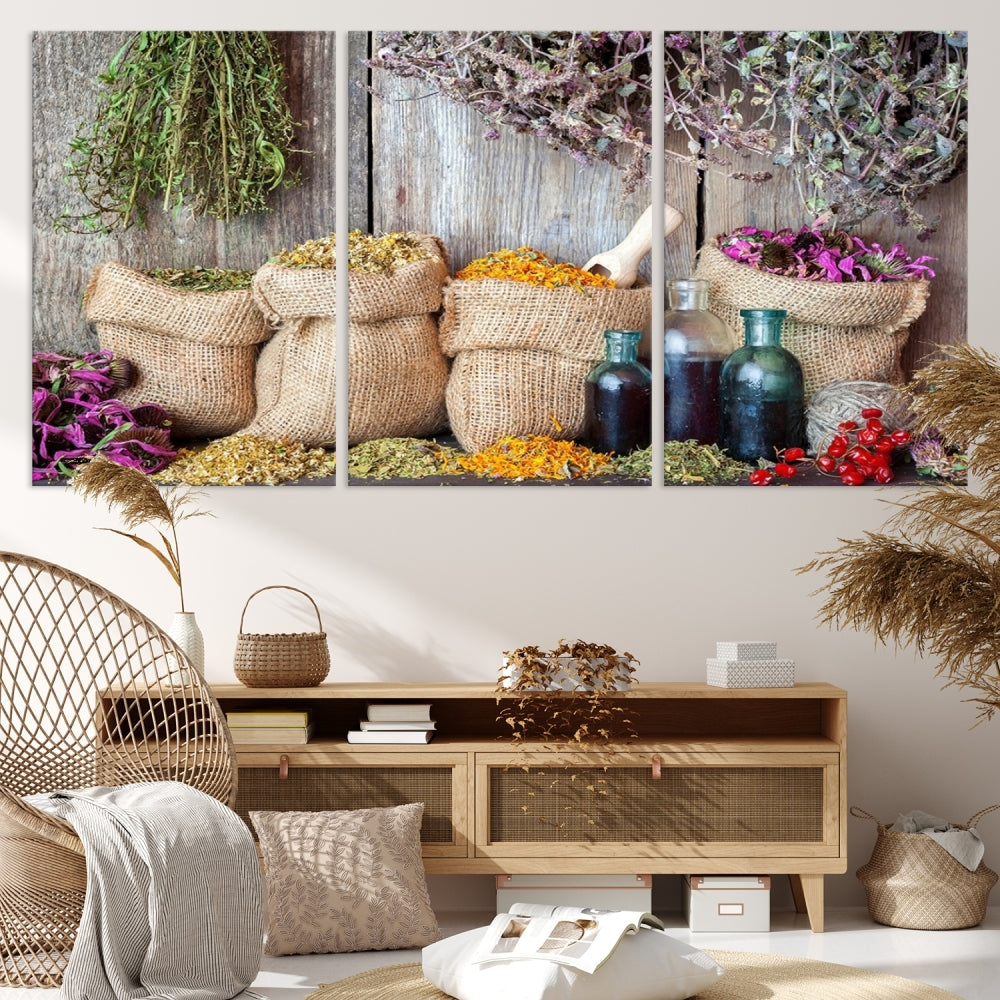 Enhance your dining area with the Spices and Herbs Canvas Wall Art Farmhouse Rustic Kitchen Wall Decor. This triptych features herbs, sacks, and bottles against a rustic wooden backdrop, crafted on museum-quality canvas with a UV-protective coating to ensure lasting beauty. Enjoy complimentary shipping on this exquisite piece.