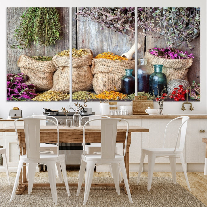 Enhance your dining area with the Spices and Herbs Canvas Wall Art Farmhouse Rustic Kitchen Wall Decor. This triptych features herbs, sacks, and bottles against a rustic wooden backdrop, crafted on museum-quality canvas with a UV-protective coating to ensure lasting beauty. Enjoy complimentary shipping on this exquisite piece.