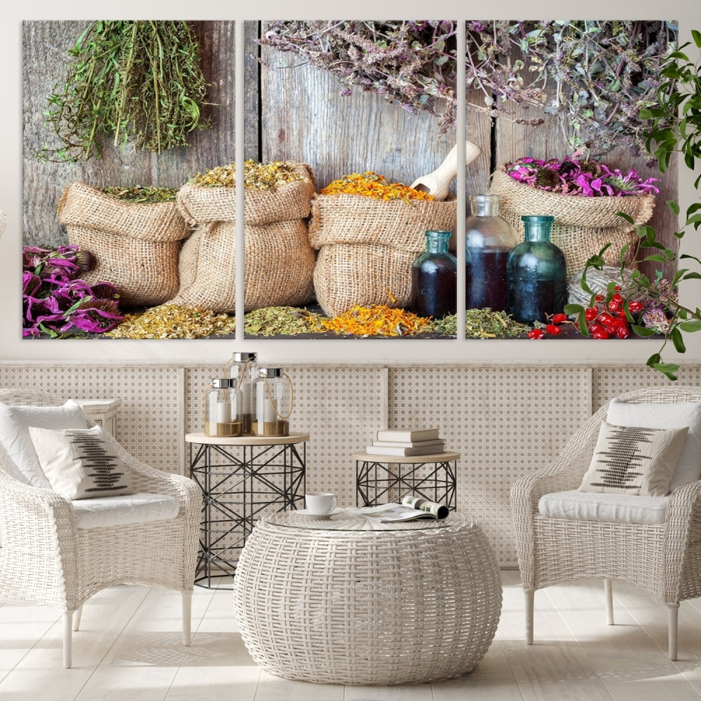 Enhance your dining area with the Spices and Herbs Canvas Wall Art Farmhouse Rustic Kitchen Wall Decor. This triptych features herbs, sacks, and bottles against a rustic wooden backdrop, crafted on museum-quality canvas with a UV-protective coating to ensure lasting beauty. Enjoy complimentary shipping on this exquisite piece.