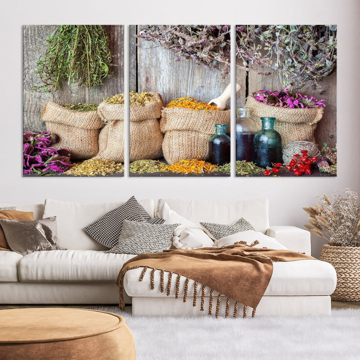 Enhance your dining area with the Spices and Herbs Canvas Wall Art Farmhouse Rustic Kitchen Wall Decor. This triptych features herbs, sacks, and bottles against a rustic wooden backdrop, crafted on museum-quality canvas with a UV-protective coating to ensure lasting beauty. Enjoy complimentary shipping on this exquisite piece.