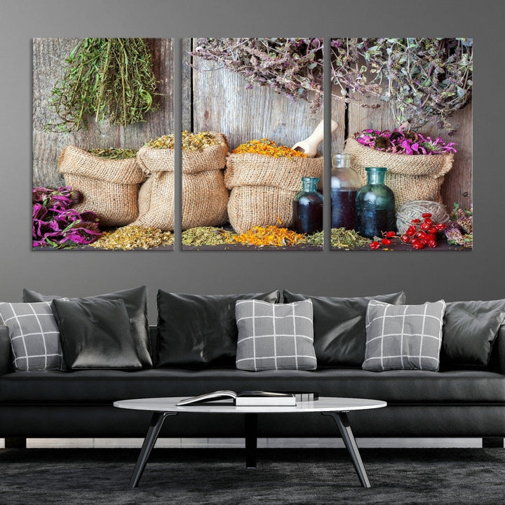 Enhance your dining area with the Spices and Herbs Canvas Wall Art Farmhouse Rustic Kitchen Wall Decor. This triptych features herbs, sacks, and bottles against a rustic wooden backdrop, crafted on museum-quality canvas with a UV-protective coating to ensure lasting beauty. Enjoy complimentary shipping on this exquisite piece.