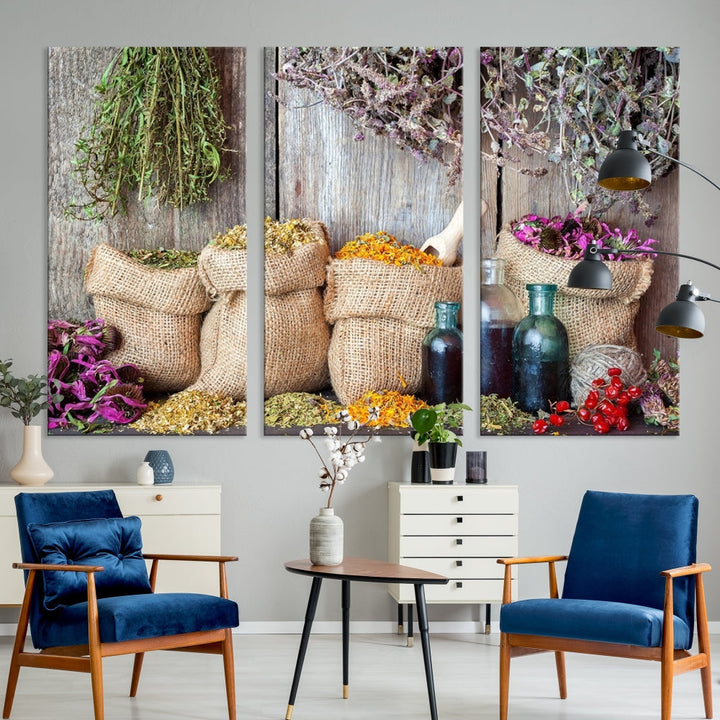 Enhance your dining area with the Spices and Herbs Canvas Wall Art Farmhouse Rustic Kitchen Wall Decor. This triptych features herbs, sacks, and bottles against a rustic wooden backdrop, crafted on museum-quality canvas with a UV-protective coating to ensure lasting beauty. Enjoy complimentary shipping on this exquisite piece.