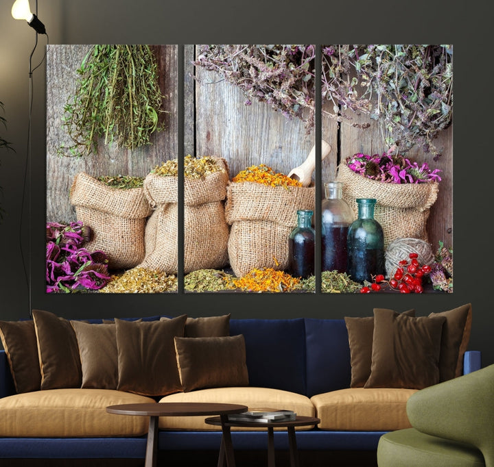 Enhance your dining area with the Spices and Herbs Canvas Wall Art Farmhouse Rustic Kitchen Wall Decor. This triptych features herbs, sacks, and bottles against a rustic wooden backdrop, crafted on museum-quality canvas with a UV-protective coating to ensure lasting beauty. Enjoy complimentary shipping on this exquisite piece.