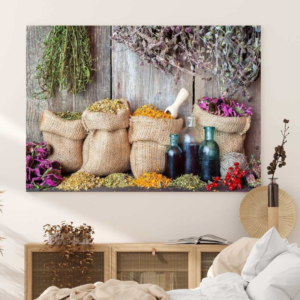 Enhance your dining area with the Spices and Herbs Canvas Wall Art Farmhouse Rustic Kitchen Wall Decor. This triptych features herbs, sacks, and bottles against a rustic wooden backdrop, crafted on museum-quality canvas with a UV-protective coating to ensure lasting beauty. Enjoy complimentary shipping on this exquisite piece.