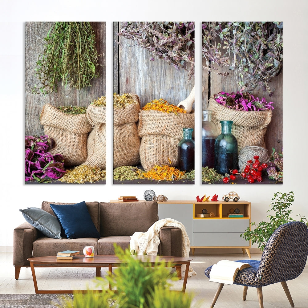 Enhance your dining area with the Spices and Herbs Canvas Wall Art Farmhouse Rustic Kitchen Wall Decor. This triptych features herbs, sacks, and bottles against a rustic wooden backdrop, crafted on museum-quality canvas with a UV-protective coating to ensure lasting beauty. Enjoy complimentary shipping on this exquisite piece.