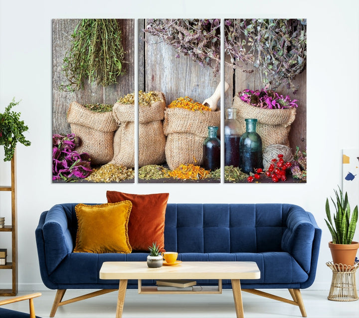 Enhance your dining area with the Spices and Herbs Canvas Wall Art Farmhouse Rustic Kitchen Wall Decor. This triptych features herbs, sacks, and bottles against a rustic wooden backdrop, crafted on museum-quality canvas with a UV-protective coating to ensure lasting beauty. Enjoy complimentary shipping on this exquisite piece.