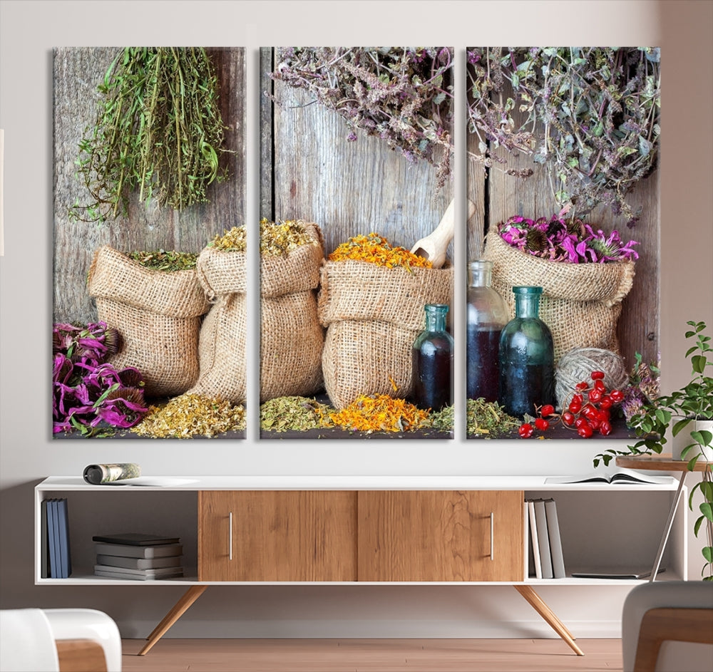 Enhance your dining area with the Spices and Herbs Canvas Wall Art Farmhouse Rustic Kitchen Wall Decor. This triptych features herbs, sacks, and bottles against a rustic wooden backdrop, crafted on museum-quality canvas with a UV-protective coating to ensure lasting beauty. Enjoy complimentary shipping on this exquisite piece.