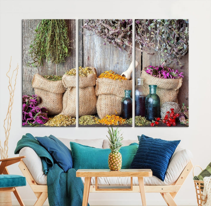 Enhance your dining area with the Spices and Herbs Canvas Wall Art Farmhouse Rustic Kitchen Wall Decor. This triptych features herbs, sacks, and bottles against a rustic wooden backdrop, crafted on museum-quality canvas with a UV-protective coating to ensure lasting beauty. Enjoy complimentary shipping on this exquisite piece.