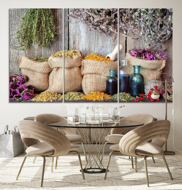 Enhance your dining area with the Spices and Herbs Canvas Wall Art Farmhouse Rustic Kitchen Wall Decor. This triptych features herbs, sacks, and bottles against a rustic wooden backdrop, crafted on museum-quality canvas with a UV-protective coating to ensure lasting beauty. Enjoy complimentary shipping on this exquisite piece.