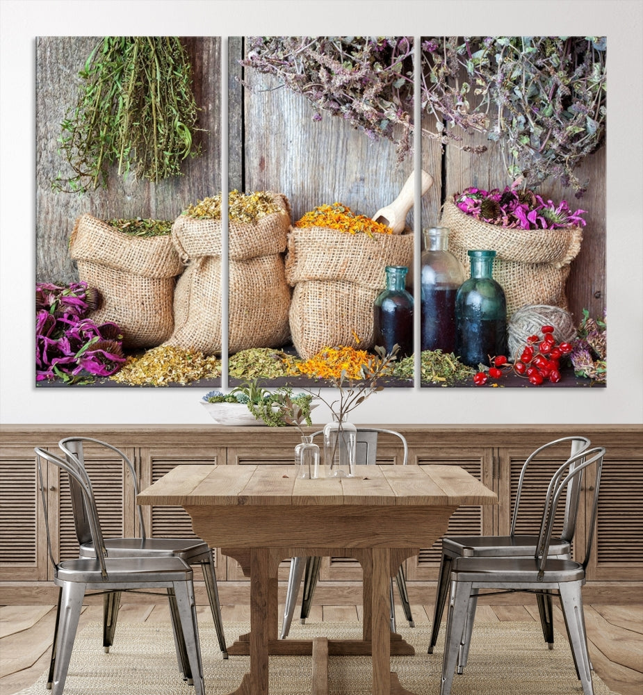 Enhance your dining area with the Spices and Herbs Canvas Wall Art Farmhouse Rustic Kitchen Wall Decor. This triptych features herbs, sacks, and bottles against a rustic wooden backdrop, crafted on museum-quality canvas with a UV-protective coating to ensure lasting beauty. Enjoy complimentary shipping on this exquisite piece.