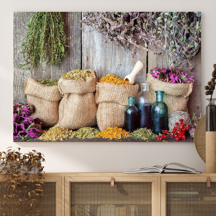 Enhance your dining area with the Spices and Herbs Canvas Wall Art Farmhouse Rustic Kitchen Wall Decor. This triptych features herbs, sacks, and bottles against a rustic wooden backdrop, crafted on museum-quality canvas with a UV-protective coating to ensure lasting beauty. Enjoy complimentary shipping on this exquisite piece.