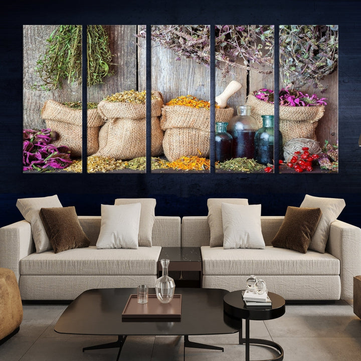 Enhance your dining area with the Spices and Herbs Canvas Wall Art Farmhouse Rustic Kitchen Wall Decor. This triptych features herbs, sacks, and bottles against a rustic wooden backdrop, crafted on museum-quality canvas with a UV-protective coating to ensure lasting beauty. Enjoy complimentary shipping on this exquisite piece.