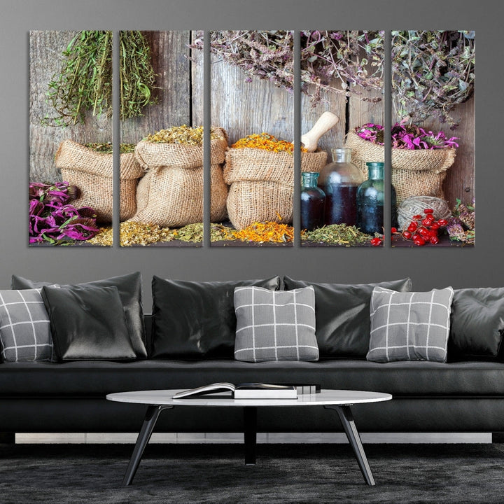 Enhance your dining area with the Spices and Herbs Canvas Wall Art Farmhouse Rustic Kitchen Wall Decor. This triptych features herbs, sacks, and bottles against a rustic wooden backdrop, crafted on museum-quality canvas with a UV-protective coating to ensure lasting beauty. Enjoy complimentary shipping on this exquisite piece.