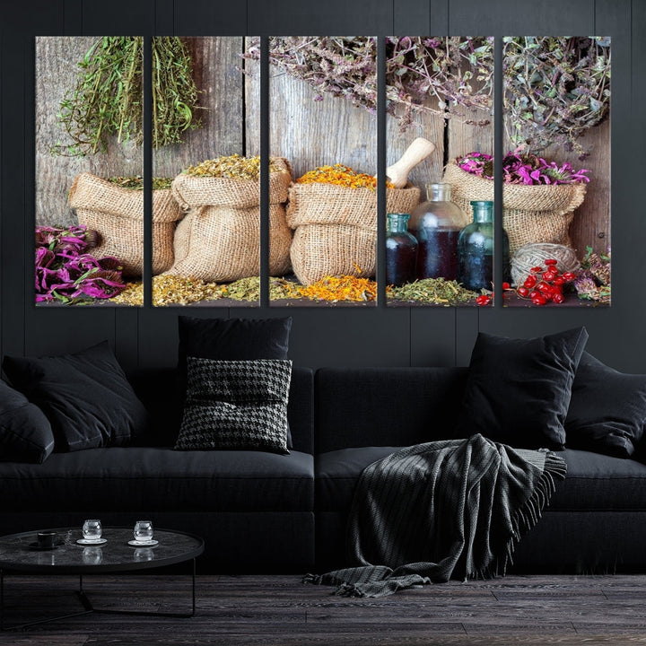 Enhance your dining area with the Spices and Herbs Canvas Wall Art Farmhouse Rustic Kitchen Wall Decor. This triptych features herbs, sacks, and bottles against a rustic wooden backdrop, crafted on museum-quality canvas with a UV-protective coating to ensure lasting beauty. Enjoy complimentary shipping on this exquisite piece.