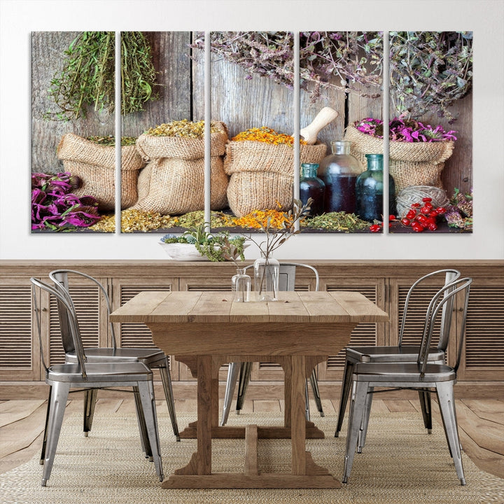 Enhance your dining area with the Spices and Herbs Canvas Wall Art Farmhouse Rustic Kitchen Wall Decor. This triptych features herbs, sacks, and bottles against a rustic wooden backdrop, crafted on museum-quality canvas with a UV-protective coating to ensure lasting beauty. Enjoy complimentary shipping on this exquisite piece.