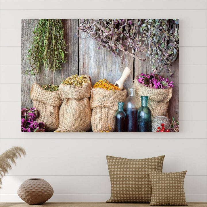 Enhance your dining area with the Spices and Herbs Canvas Wall Art Farmhouse Rustic Kitchen Wall Decor. This triptych features herbs, sacks, and bottles against a rustic wooden backdrop, crafted on museum-quality canvas with a UV-protective coating to ensure lasting beauty. Enjoy complimentary shipping on this exquisite piece.