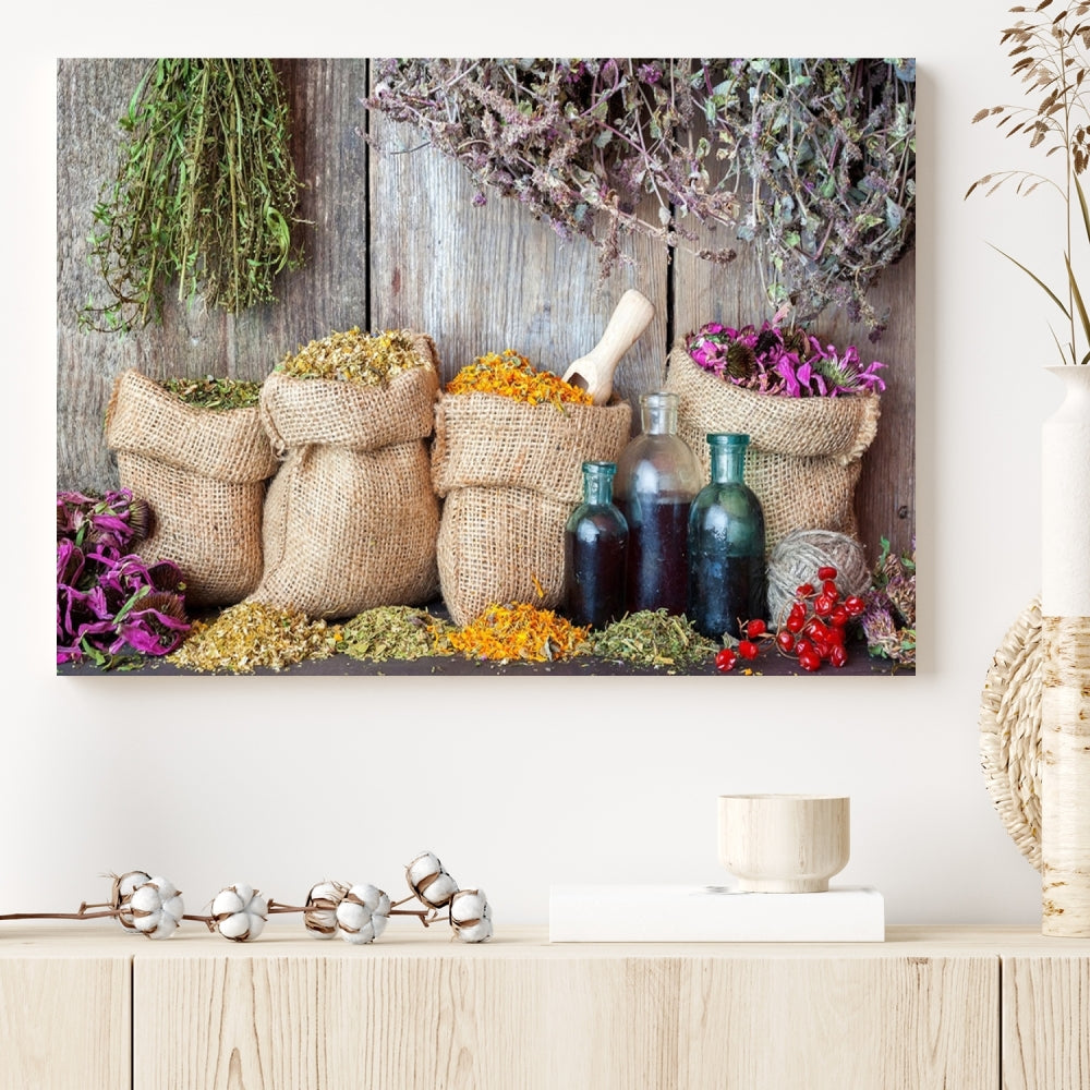 Enhance your dining area with the Spices and Herbs Canvas Wall Art Farmhouse Rustic Kitchen Wall Decor. This triptych features herbs, sacks, and bottles against a rustic wooden backdrop, crafted on museum-quality canvas with a UV-protective coating to ensure lasting beauty. Enjoy complimentary shipping on this exquisite piece.