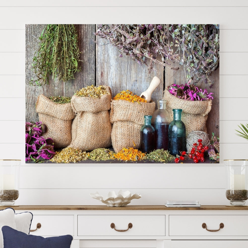 Enhance your dining area with the Spices and Herbs Canvas Wall Art Farmhouse Rustic Kitchen Wall Decor. This triptych features herbs, sacks, and bottles against a rustic wooden backdrop, crafted on museum-quality canvas with a UV-protective coating to ensure lasting beauty. Enjoy complimentary shipping on this exquisite piece.