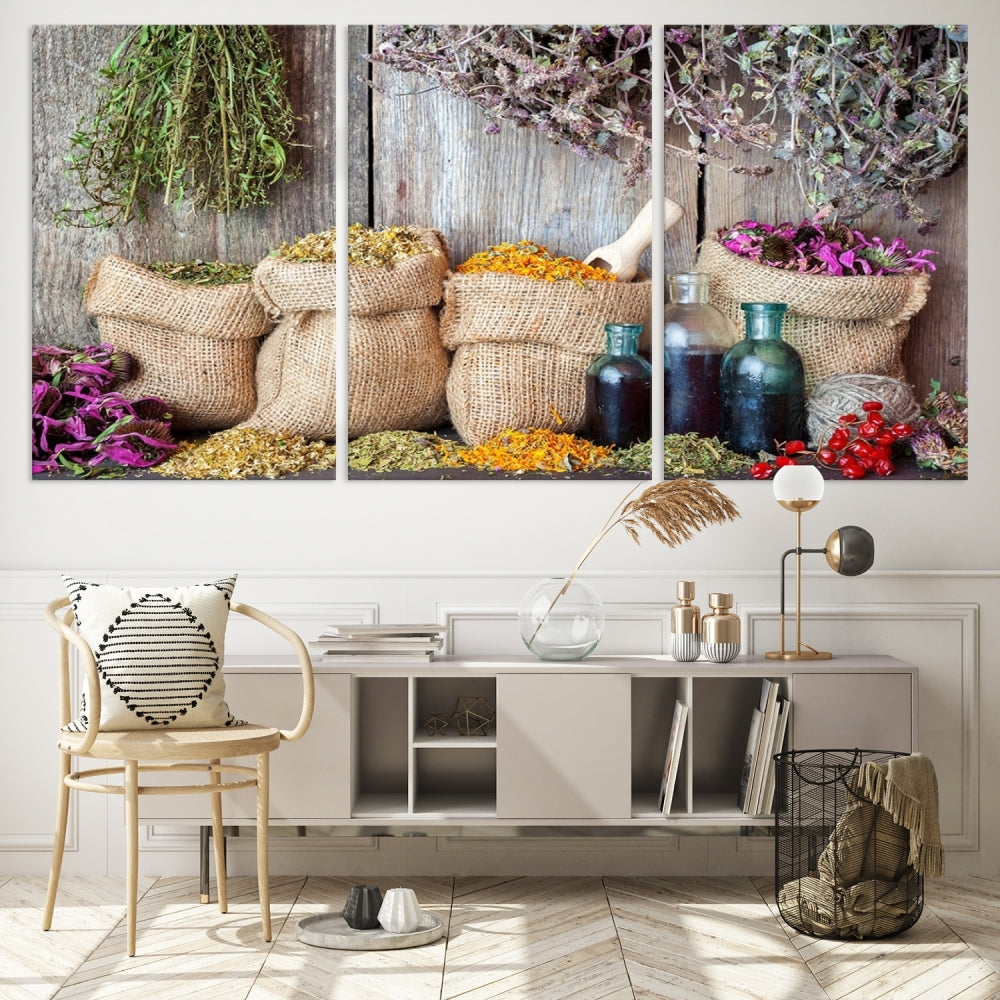 Enhance your dining area with the Spices and Herbs Canvas Wall Art Farmhouse Rustic Kitchen Wall Decor. This triptych features herbs, sacks, and bottles against a rustic wooden backdrop, crafted on museum-quality canvas with a UV-protective coating to ensure lasting beauty. Enjoy complimentary shipping on this exquisite piece.