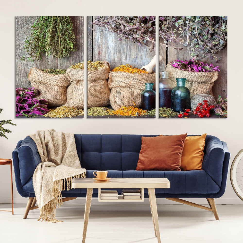 Enhance your dining area with the Spices and Herbs Canvas Wall Art Farmhouse Rustic Kitchen Wall Decor. This triptych features herbs, sacks, and bottles against a rustic wooden backdrop, crafted on museum-quality canvas with a UV-protective coating to ensure lasting beauty. Enjoy complimentary shipping on this exquisite piece.