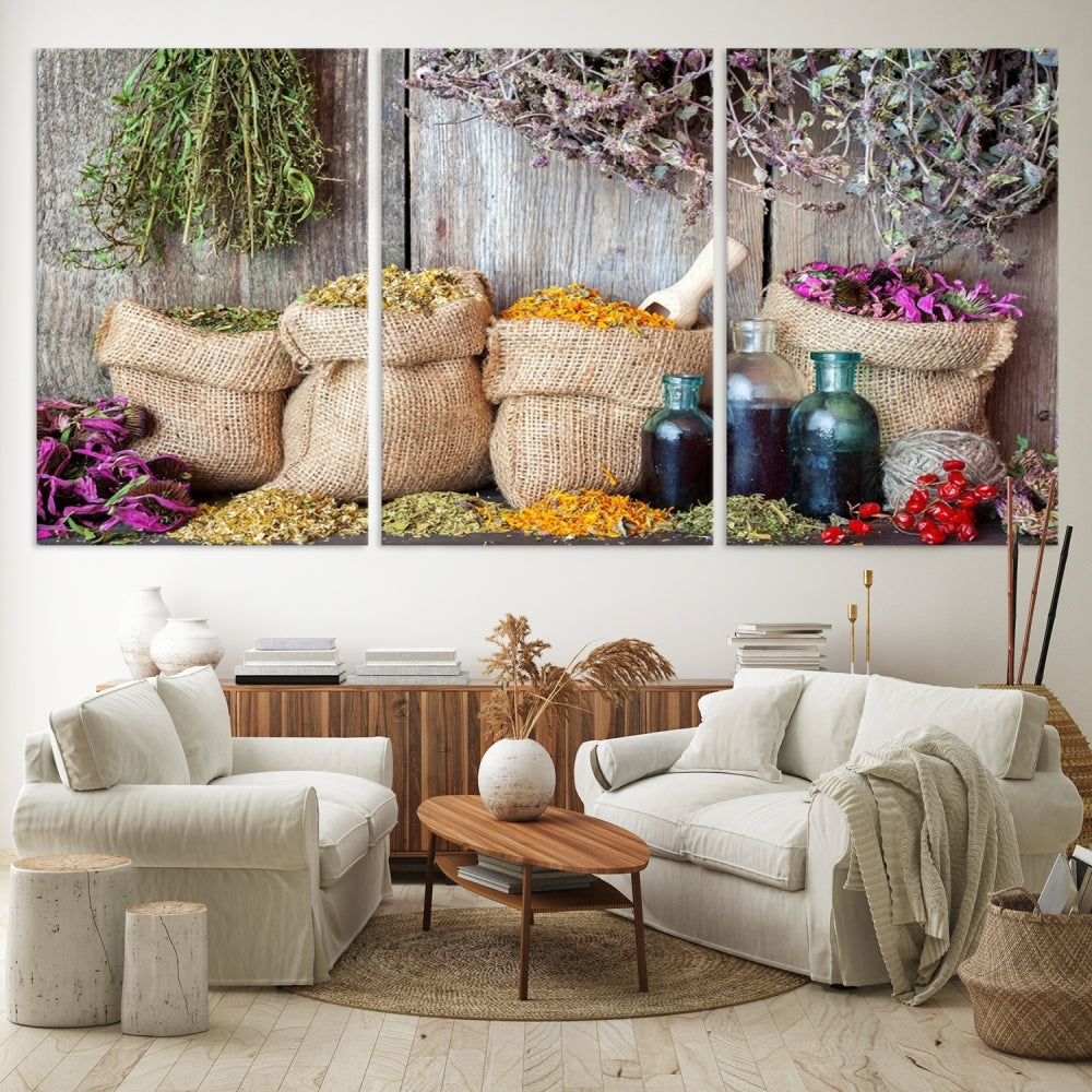 Enhance your dining area with the Spices and Herbs Canvas Wall Art Farmhouse Rustic Kitchen Wall Decor. This triptych features herbs, sacks, and bottles against a rustic wooden backdrop, crafted on museum-quality canvas with a UV-protective coating to ensure lasting beauty. Enjoy complimentary shipping on this exquisite piece.