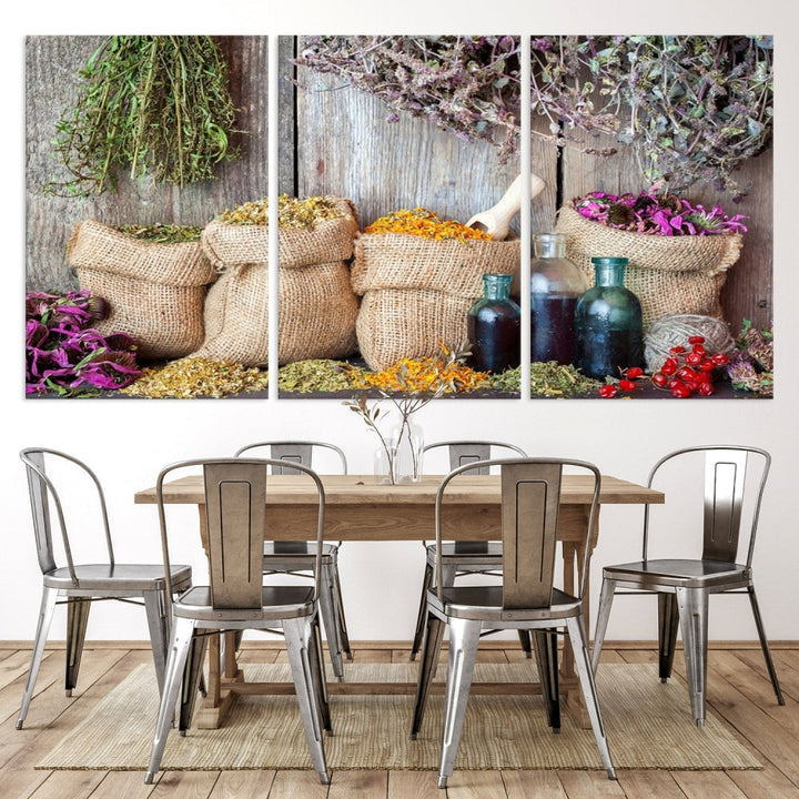 Enhance your dining area with the Spices and Herbs Canvas Wall Art Farmhouse Rustic Kitchen Wall Decor. This triptych features herbs, sacks, and bottles against a rustic wooden backdrop, crafted on museum-quality canvas with a UV-protective coating to ensure lasting beauty. Enjoy complimentary shipping on this exquisite piece.