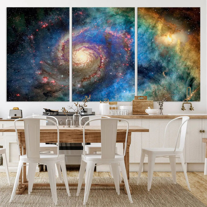 The living room showcases three colorful space-themed paintings titled "Spiral Galaxy Wall Art Canvas Print" on the wall, featuring museum-quality craftsmanship with vibrant colors through high-resolution printing.