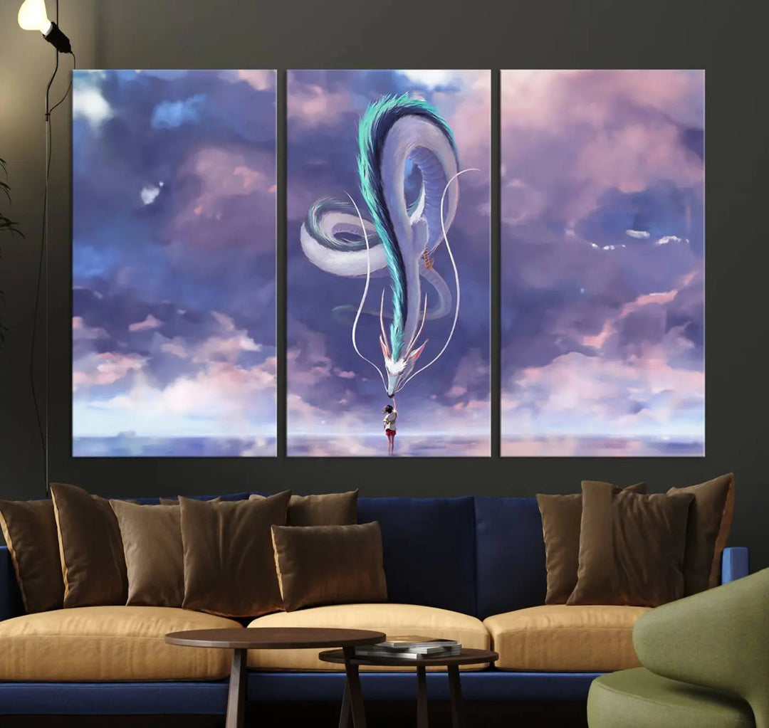 The living room showcases a Spirited Away Haku and Chihiro poster. The sky-painted backdrop enhances the gallery-quality finish for a premium feel.