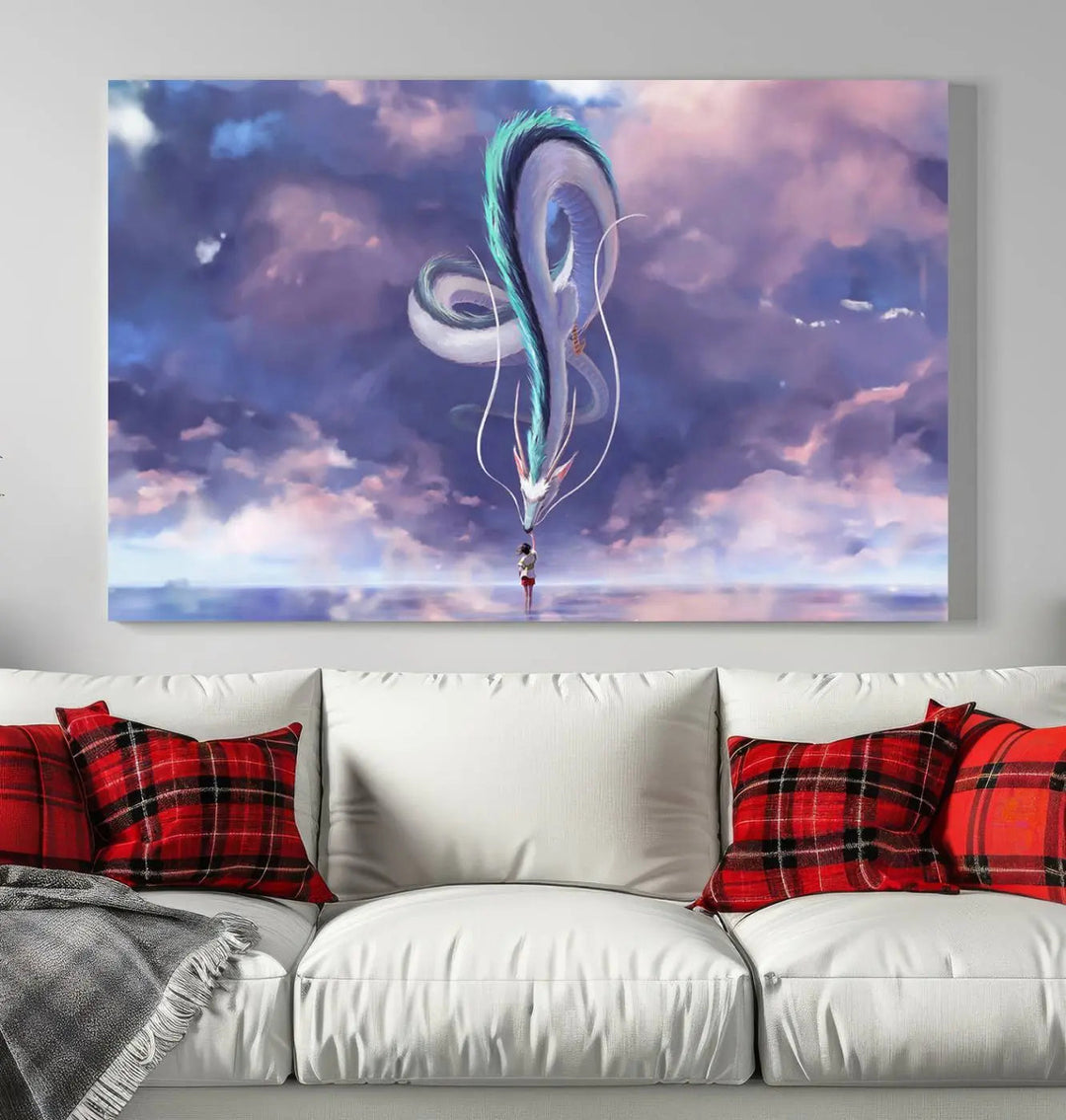 The living room showcases a Spirited Away Haku and Chihiro poster. The sky-painted backdrop enhances the gallery-quality finish for a premium feel.