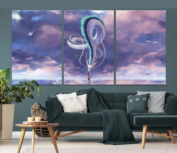 The living room showcases a Spirited Away Haku and Chihiro poster. The sky-painted backdrop enhances the gallery-quality finish for a premium feel.