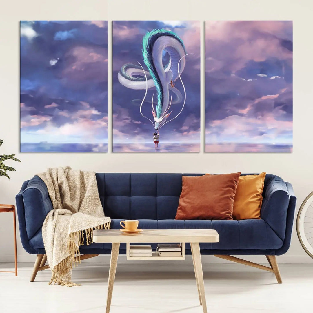 The living room showcases a Spirited Away Haku and Chihiro poster. The sky-painted backdrop enhances the gallery-quality finish for a premium feel.