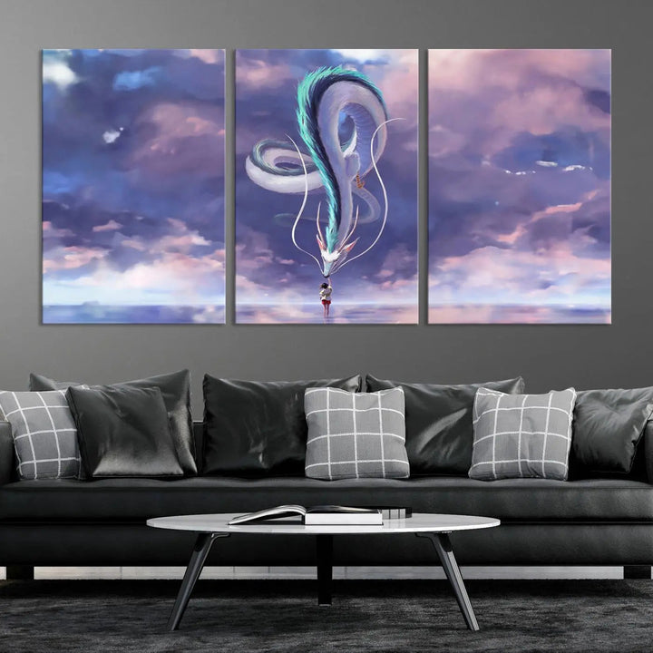 The living room showcases a Spirited Away Haku and Chihiro poster. The sky-painted backdrop enhances the gallery-quality finish for a premium feel.