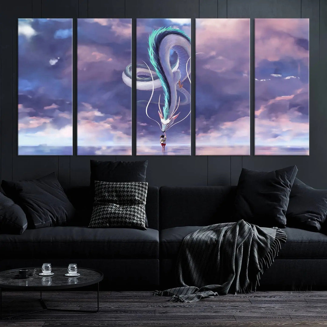 The living room showcases a Spirited Away Haku and Chihiro poster. The sky-painted backdrop enhances the gallery-quality finish for a premium feel.