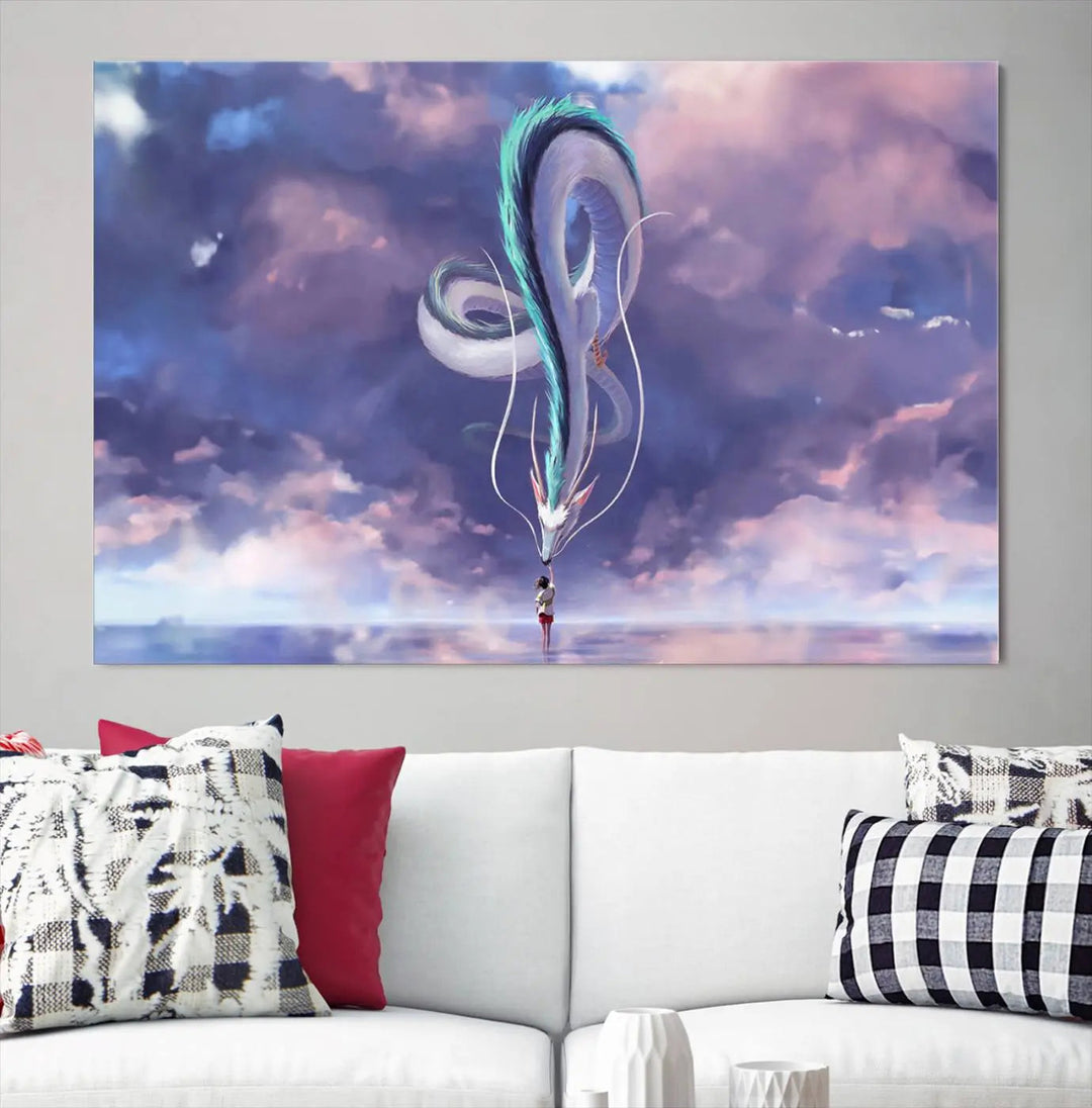 The living room showcases a Spirited Away Haku and Chihiro poster. The sky-painted backdrop enhances the gallery-quality finish for a premium feel.