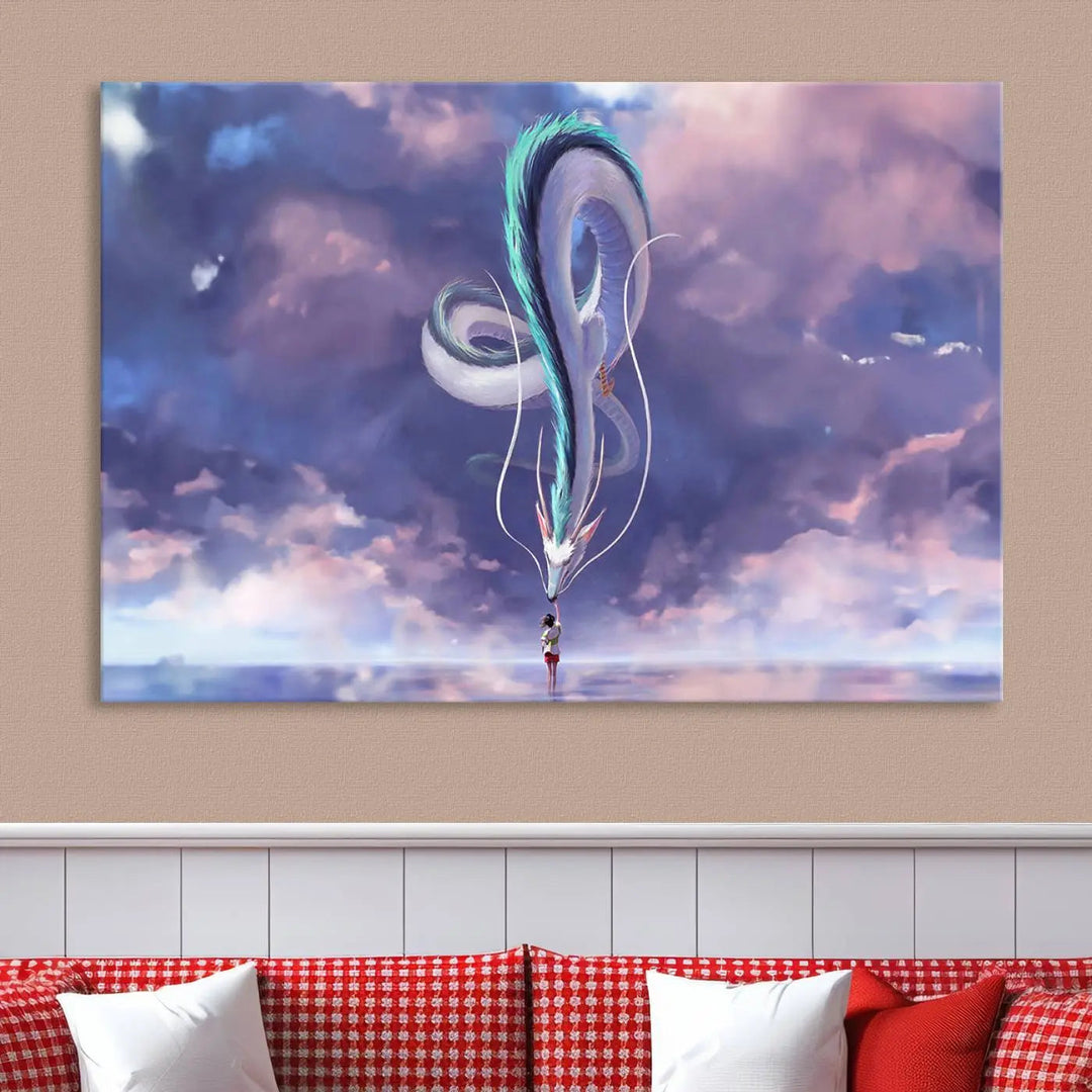 The living room showcases a Spirited Away Haku and Chihiro poster. The sky-painted backdrop enhances the gallery-quality finish for a premium feel.