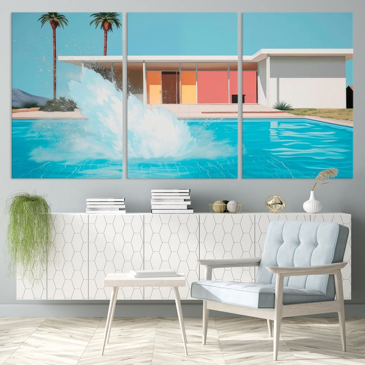 The "Splash in the Pool" Canvas Print Mid Century Wall Art features a triptych design of a pool splash in front of a mid-century modern house with palm trees. This museum-quality canvas, complete with a UV-protective coating and gallery-wrapped finish, is an ideal addition to any stylish living space.