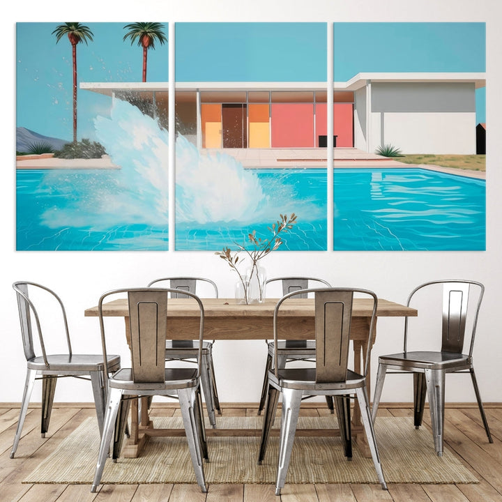 The "Splash in the Pool" Canvas Print Mid Century Wall Art features a triptych design of a pool splash in front of a mid-century modern house with palm trees. This museum-quality canvas, complete with a UV-protective coating and gallery-wrapped finish, is an ideal addition to any stylish living space.