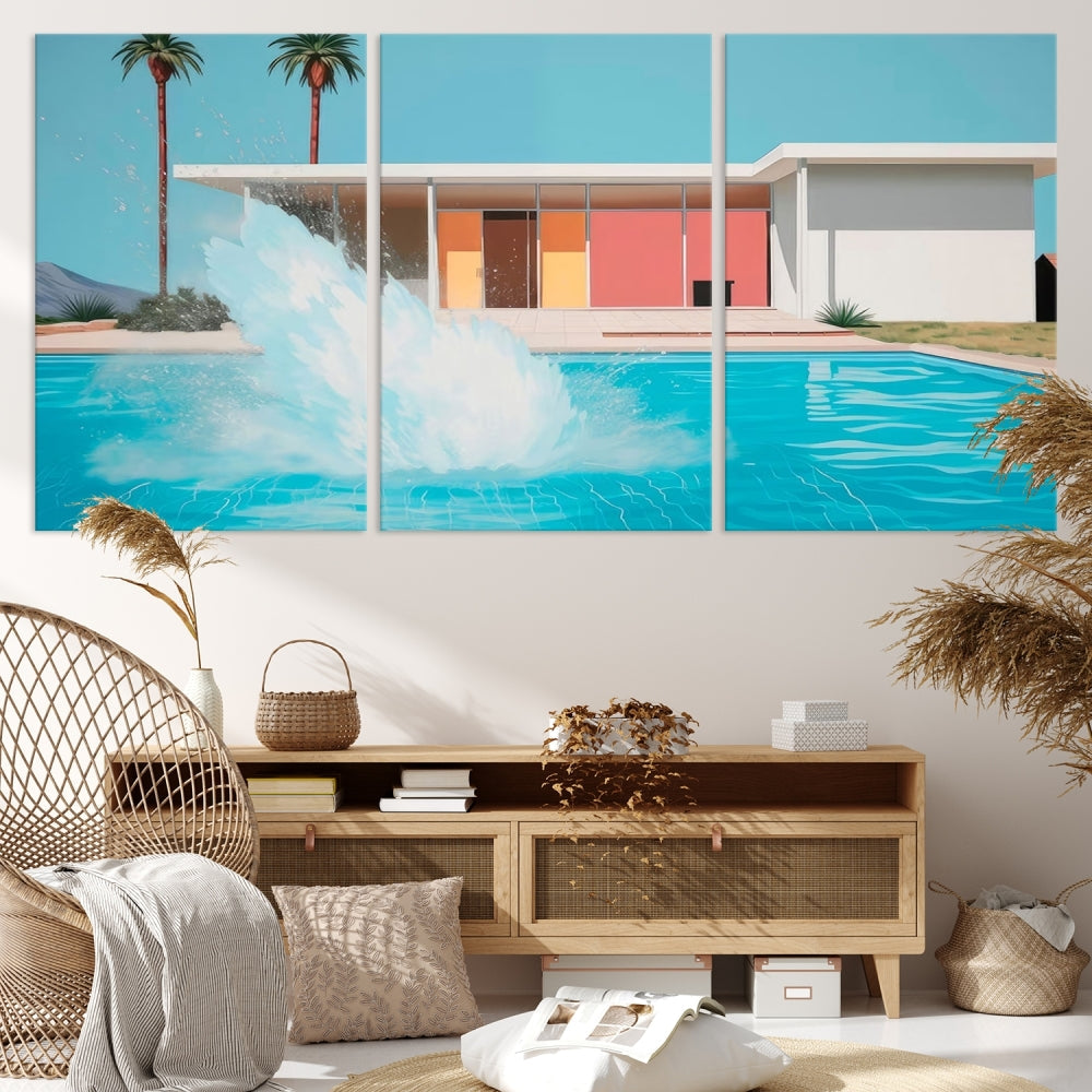 The "Splash in the Pool" Canvas Print Mid Century Wall Art features a triptych design of a pool splash in front of a mid-century modern house with palm trees. This museum-quality canvas, complete with a UV-protective coating and gallery-wrapped finish, is an ideal addition to any stylish living space.